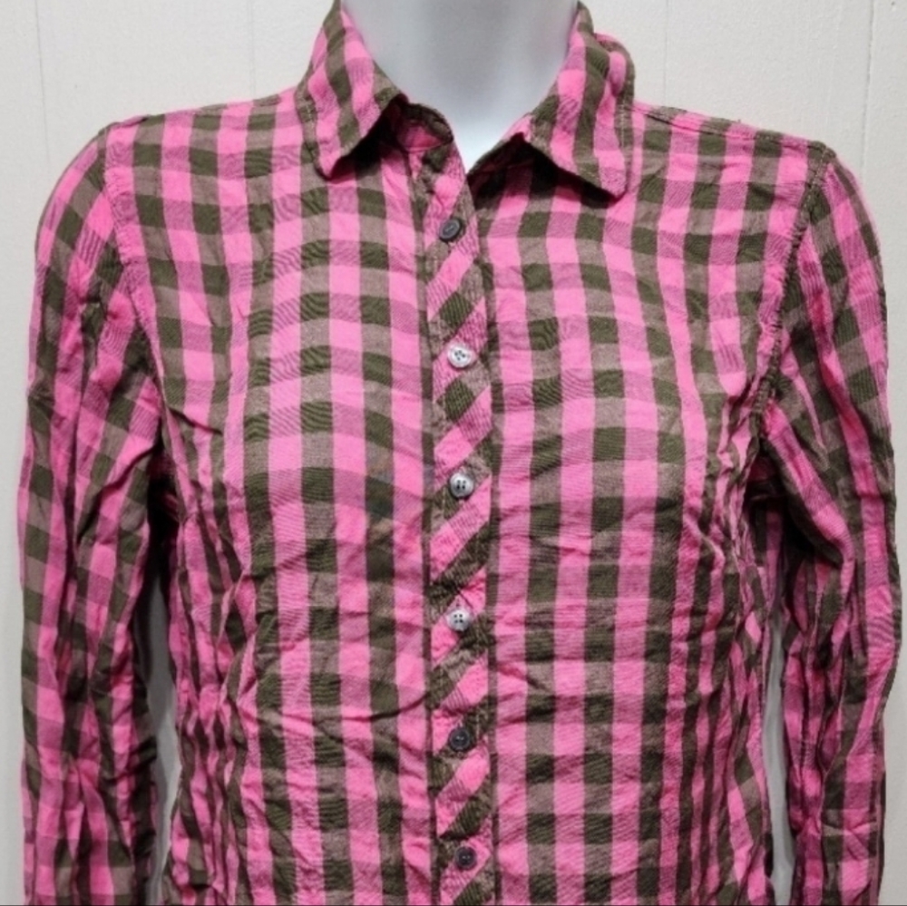 Talbots Petites Size P Pink Plaid Button Shirt Roll Tab Sleeve Women’s B327
